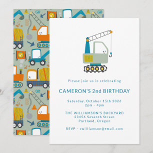 Construction Digger Trucks Blue 2nd Birthday Party Invitation