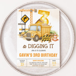 Construction Digging It 3rd Birthday Party Invitation