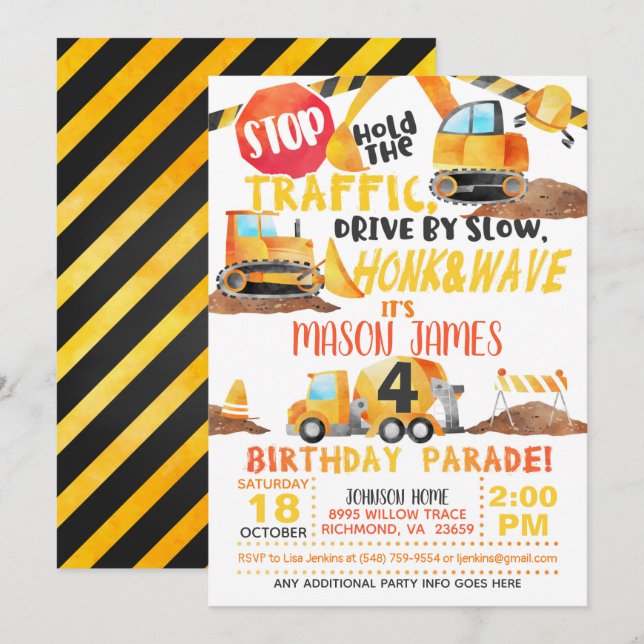 Construction Drive By Birthday Parade Invitation (Front/Back)