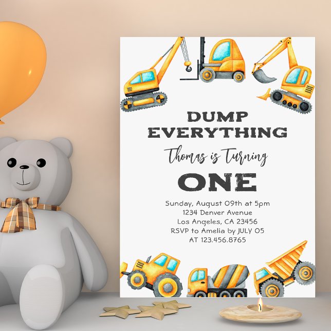 Construction Dump Everything Truck 1st birthday Invitation (Creator Uploaded)
