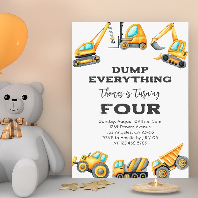 Construction Dump Everything Truck 4th birthday Invitation (Creator Uploaded)