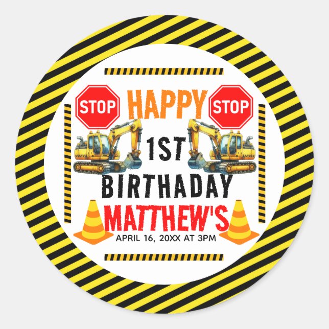 Construction Dump Truck 1st Birthday Party Classic Round Sticker (Front)