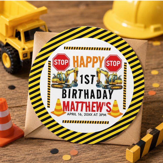 Construction Dump Truck 1st Birthday Party Classic Round Sticker (Construction Dump Truck 1st Birthday Party Classic Round Sticker)