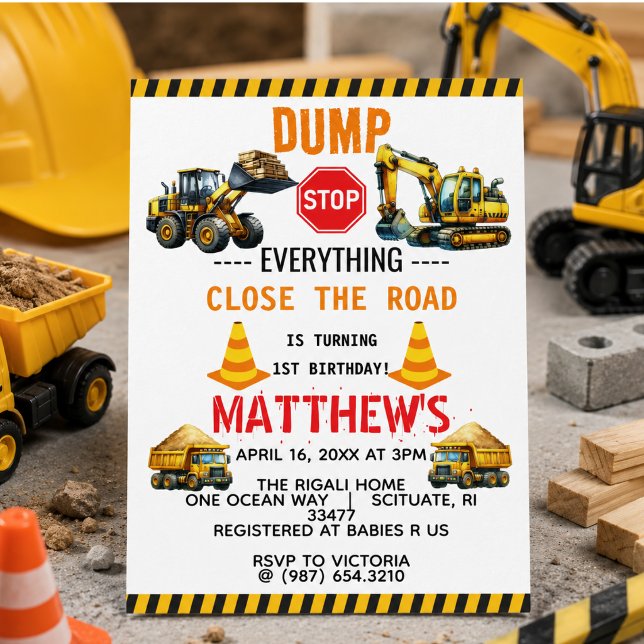 Construction Dump Truck 1st Birthday Party Invitation (Construction Dump Truck 1st Birthday Party Invitation)