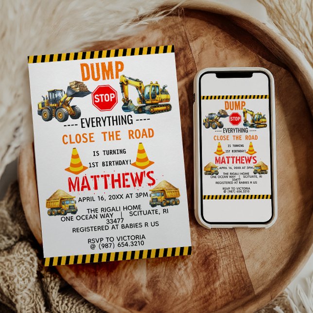 Construction Dump Truck 1st Birthday Party Invitation (Creator Uploaded)