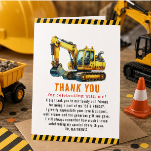 Construction Dump Truck 1st Birthday Party Thank You Card