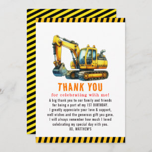 Construction Dump Truck 1st Birthday  Party Thank You Card