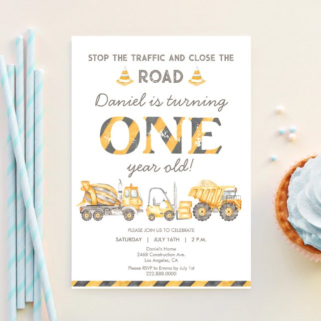 Construction Dump Truck 1st Boys First Birthday Invitation (Creator Uploaded)