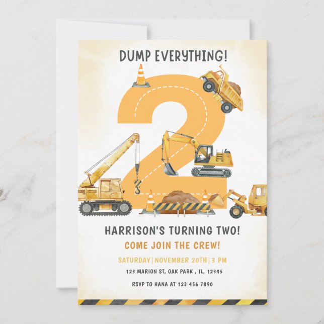 Construction Dump Truck 2nd Birthday  Invitation (Front)