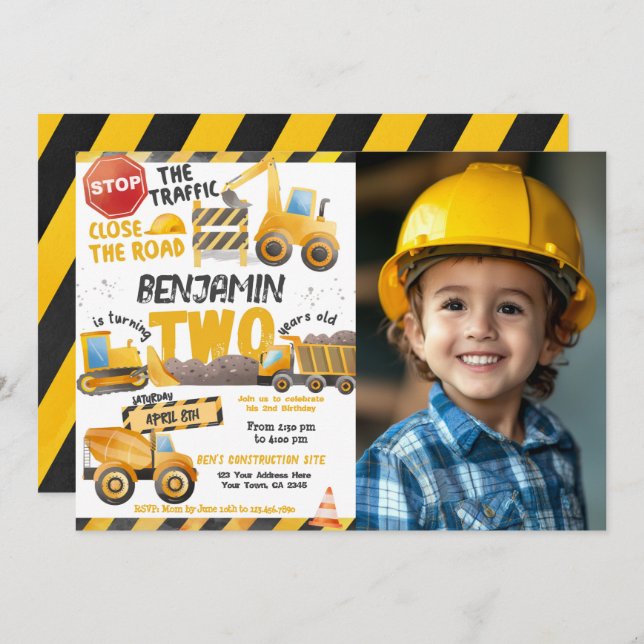 Construction, Dump Truck 2nd Birthday Invitation (Front/Back)
