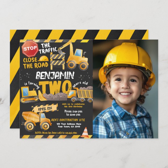 Construction, Dump Truck 2nd Birthday Invitation (Front/Back)