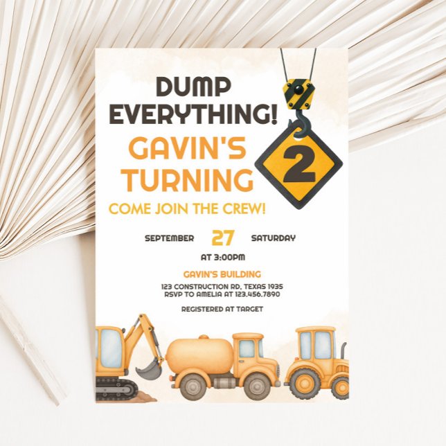 Construction Dump Truck 2nd Birthday Party Invitation (Construction 2nd Birthday Party Invitation)