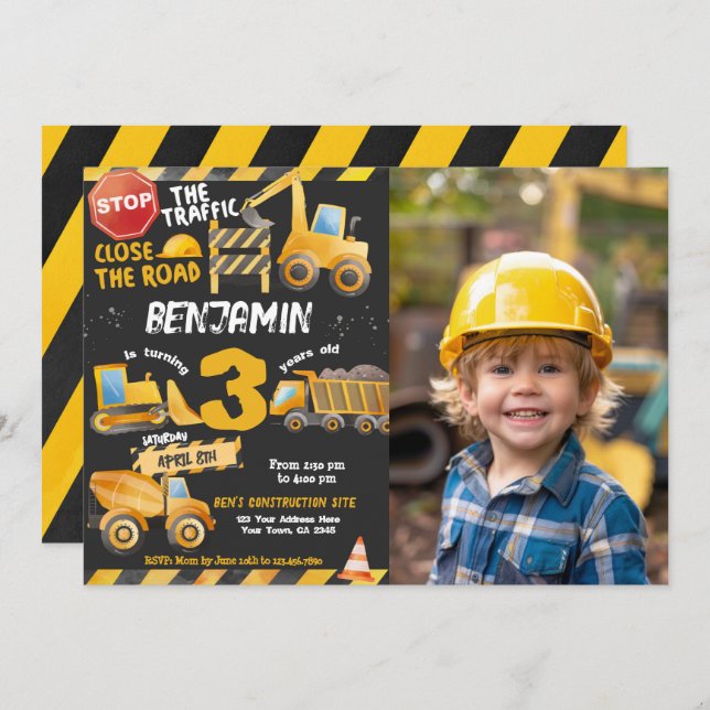 Construction, Dump Truck 3rd Birthday Invitation (Front/Back)