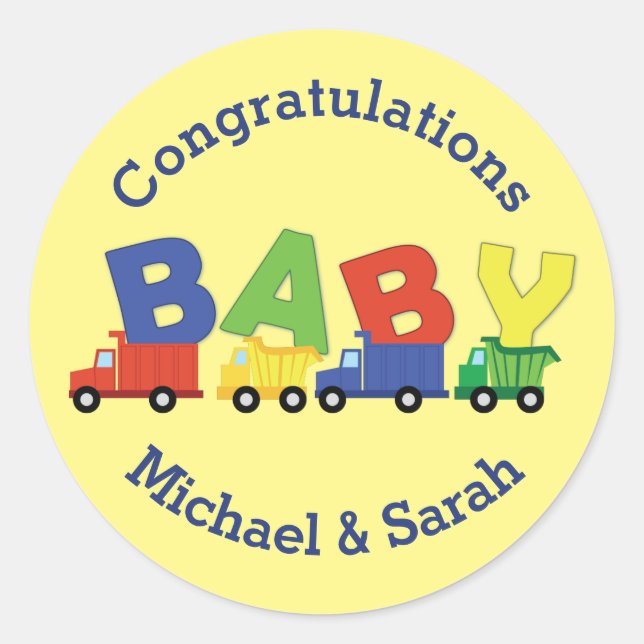 Construction Dump Truck Baby Shower Boy Classic Round Sticker (Front)