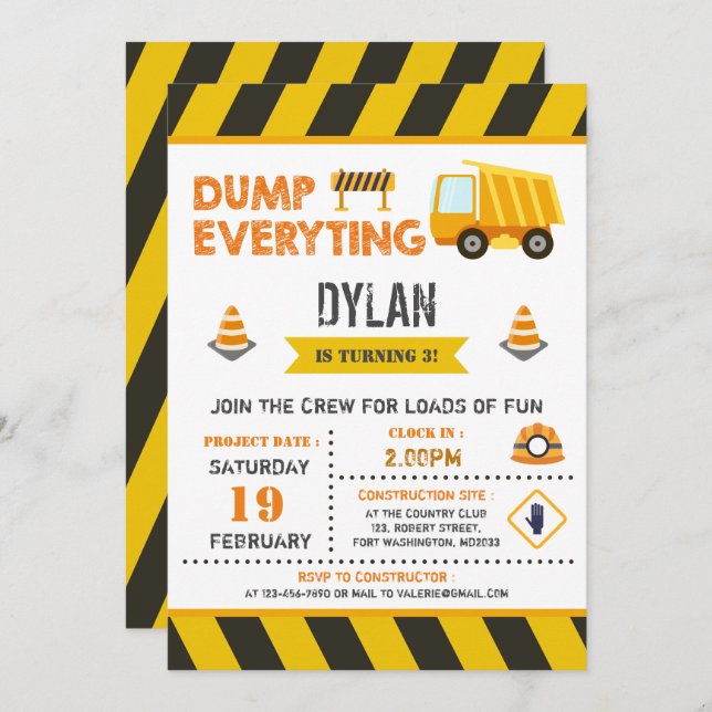 Construction Dump Truck Birthday Invitation (Front/Back)