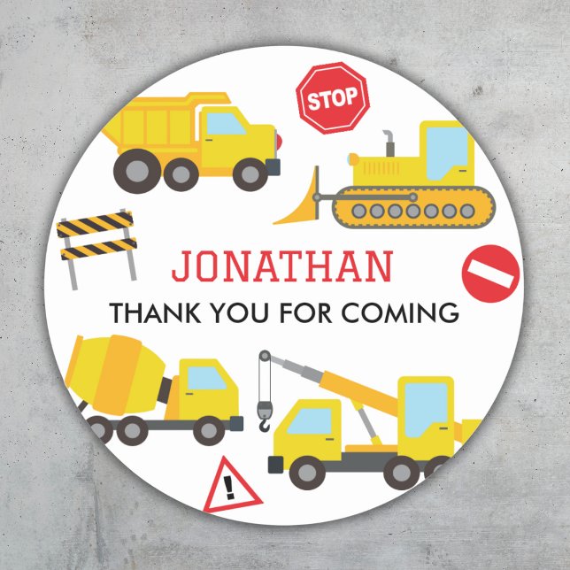 Construction Dump Truck birthday invitation Classic Round Sticker (Creator Uploaded)
