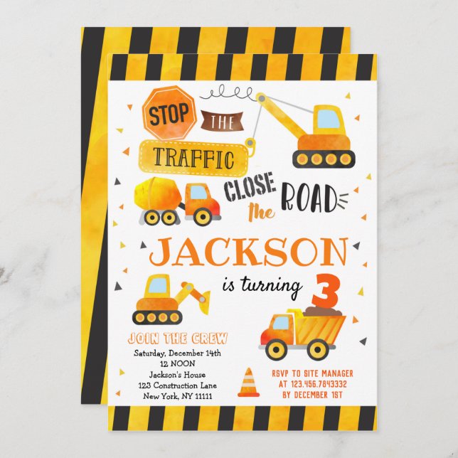 Construction Dump Truck Birthday Invitations (Front/Back)