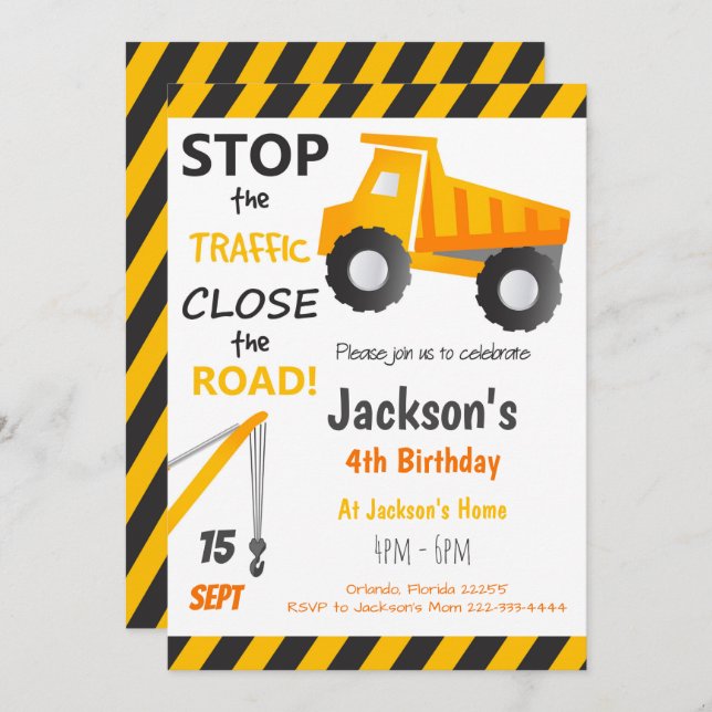 Construction Dump Truck Birthday Invite (Front/Back)