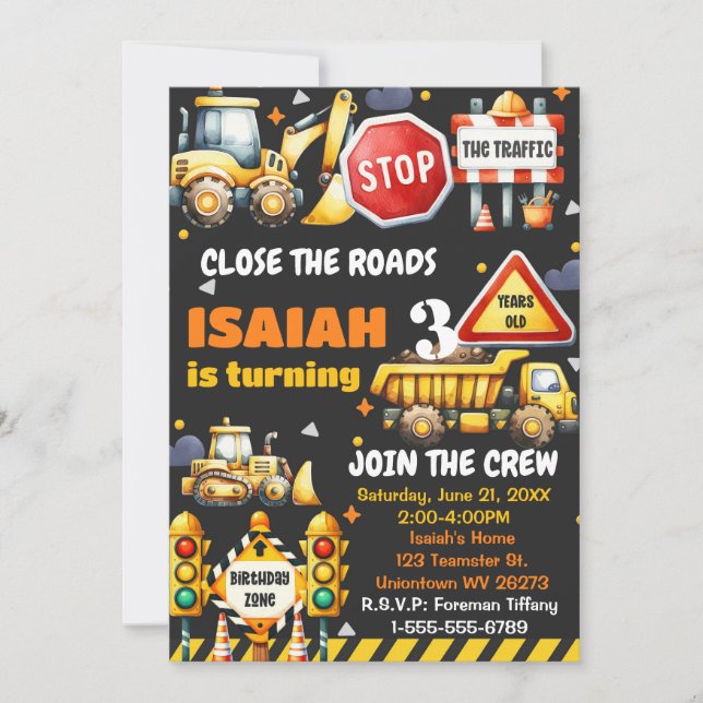 Construction Dump truck Birthday Party Invitation  (Front)