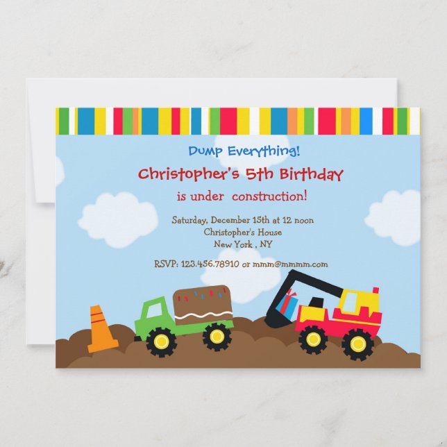 Construction Dump truck Birthday Party Invitations (Front)