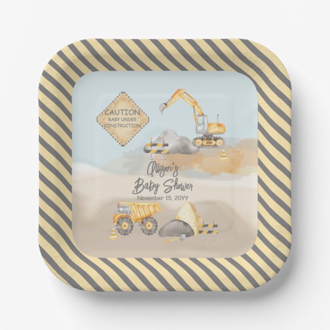 Construction Dump Truck Boy Baby Shower Paper Plate (Front)
