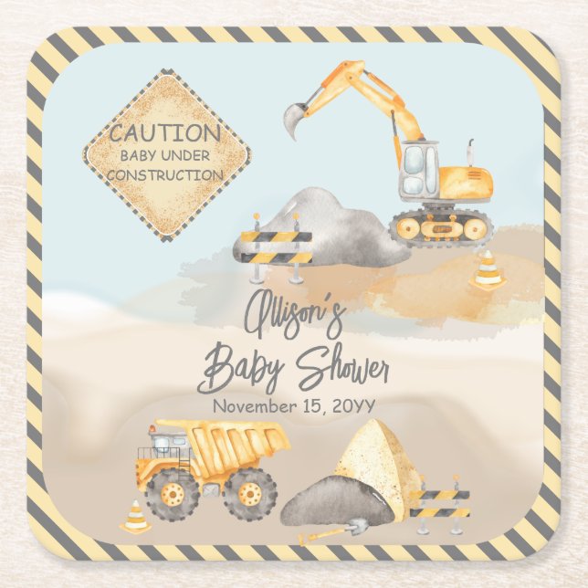 Construction Dump Truck Boy Baby Shower Square Paper Coaster (Front)