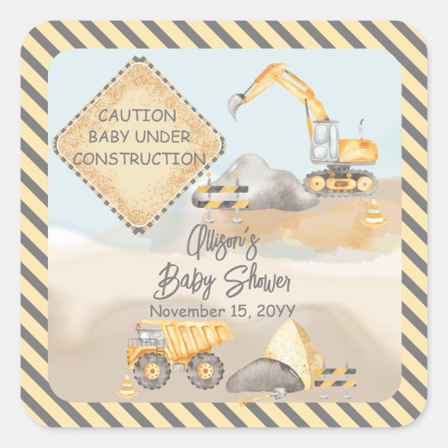 Construction Dump Truck Boy Baby Shower Square Sticker (Front)