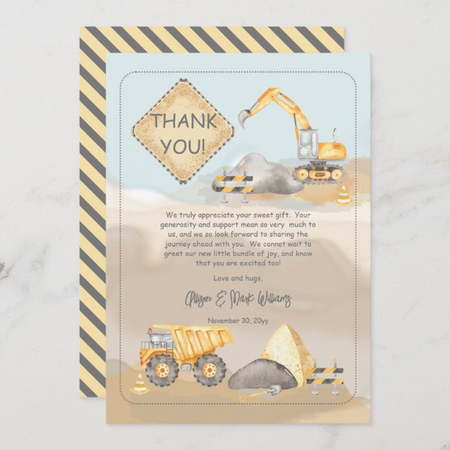 Construction Dump Truck Boy Baby Shower Thank You Card (Front/Back)