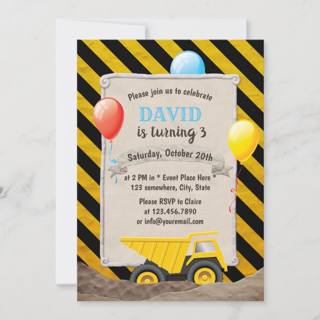 Construction Dump Truck Boy Birthday Party Invitation (Front)