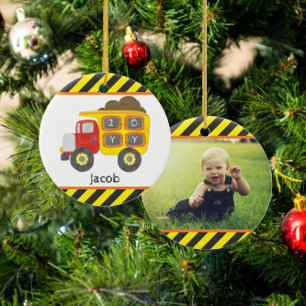 Construction Dump Truck Boy Photo Keepsake Ceramic Tree Decoration