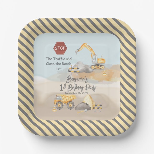 Construction Dump Truck Boy's 1st Birthday Party Paper Plate (Front)