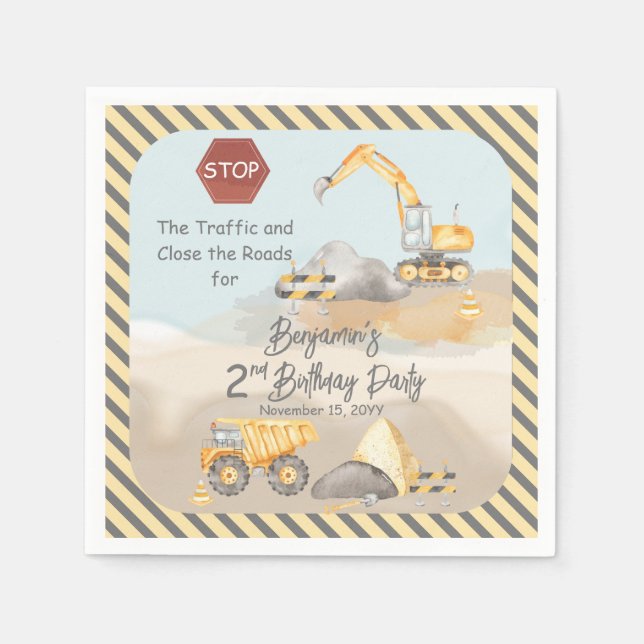 Construction Dump Truck Boy's 2nd Birthday Party Napkin (Front)