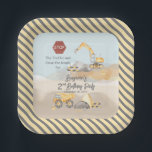 Construction Dump Truck Boy's 2nd Birthday Party Paper Plate<br><div class="desc">Created with a muted watercolor less traditional pallet, this 2nd Birthday Party design features a dump truck and a backhoe-excavator on a construction site with the caption "Stop the Traffic and Close the Roads for" your child's birthday. The muted pallet is continued on back with a charcoal grey and softer...</div>