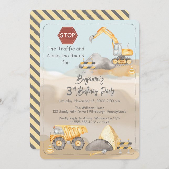 Construction Dump Truck Boy's 3rd Birthday Party Invitation (Front/Back)