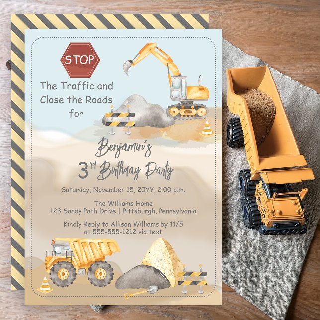 Construction Dump Truck Boy's 3rd Birthday Party Invitation (Construction Dump Truck Boy's 3rd Birthday Party Invitation)