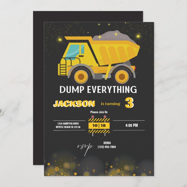   Construction Dump Truck Boys Birthday Party Invitation (Front/Back)