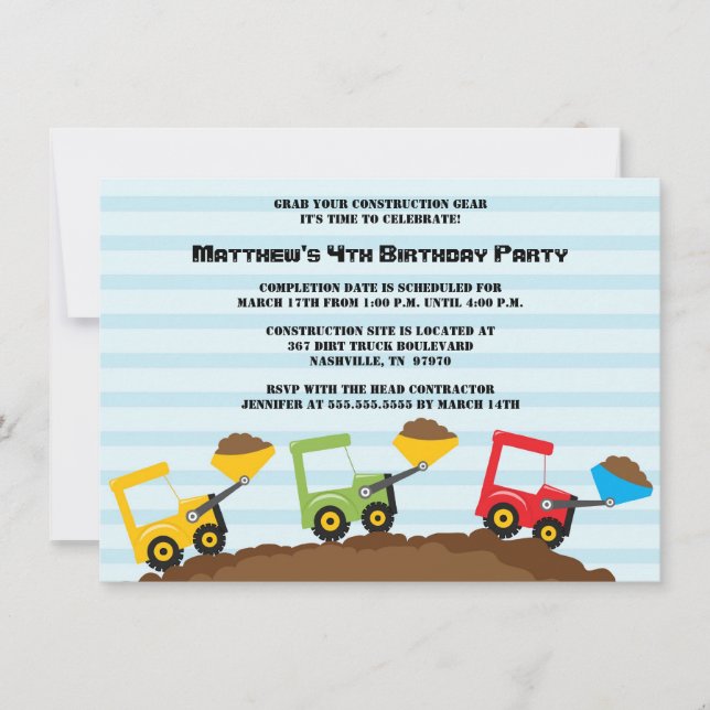Construction dump truck boys birthday party invite (Front)