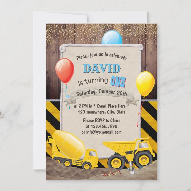 Construction Dump Truck Boys First Birthday Invitation (Front)