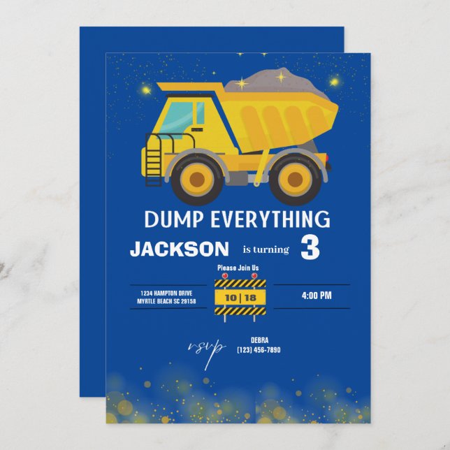   Construction Dump Truck Boys Navy Birthday Party Invitation (Front/Back)