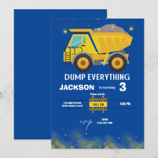 Construction Dump Truck Boys Navy Birthday Party Invitation