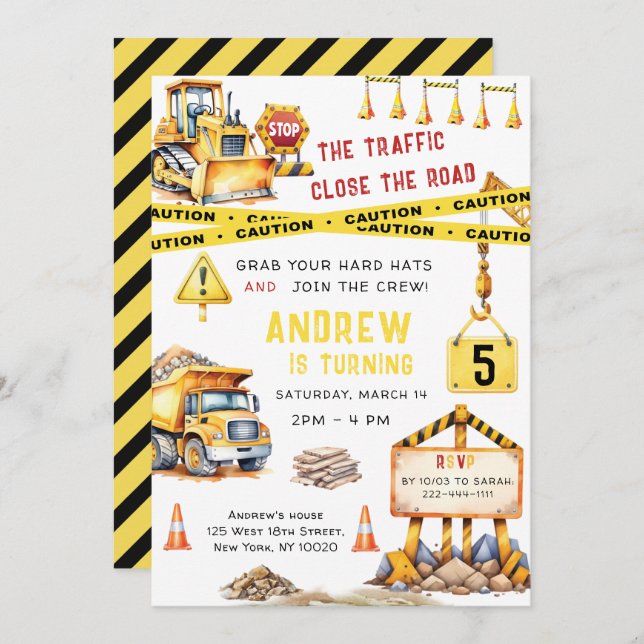 Construction Dump Truck Bulldozer Birthday Invitation (Front/Back)
