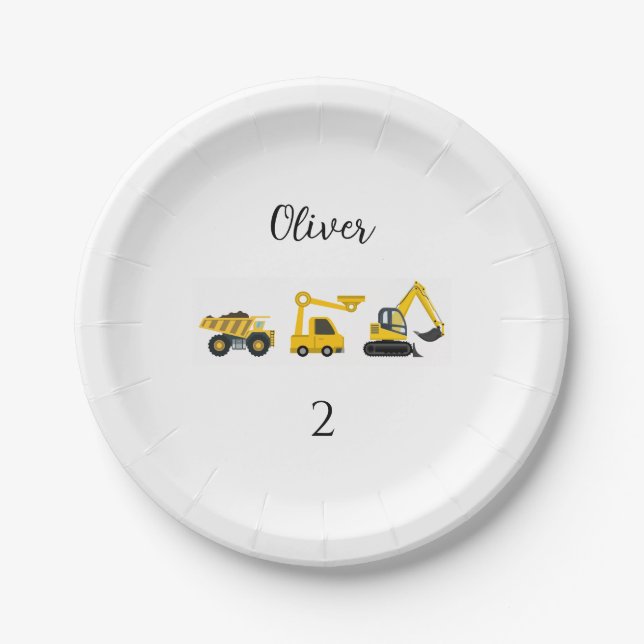 Construction Dump Truck, Crane & Excavator Paper Plate (Front)