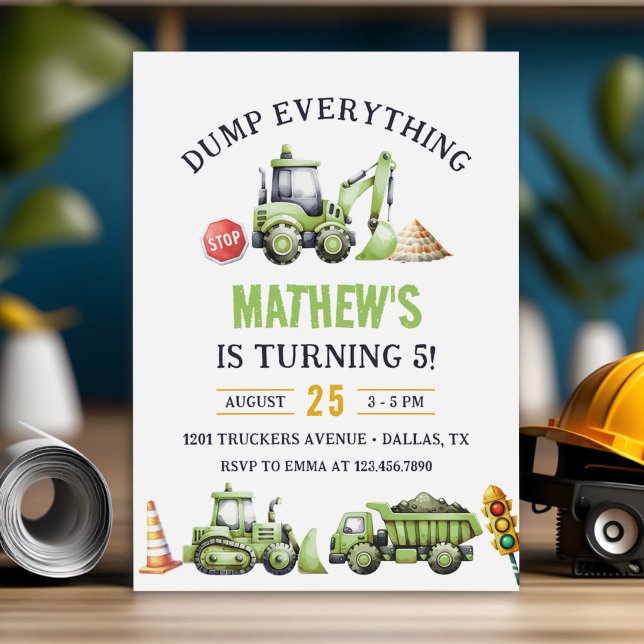 Construction Dump Truck Digger 5th Birthday Invitation (Creator Uploaded)