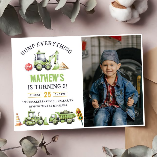 Construction Dump Truck Digger 5th Birthday Photo Invitation (Creator Uploaded)