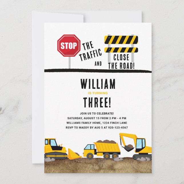 Construction Dump Truck Digger Birthday Party Invitation (Front)