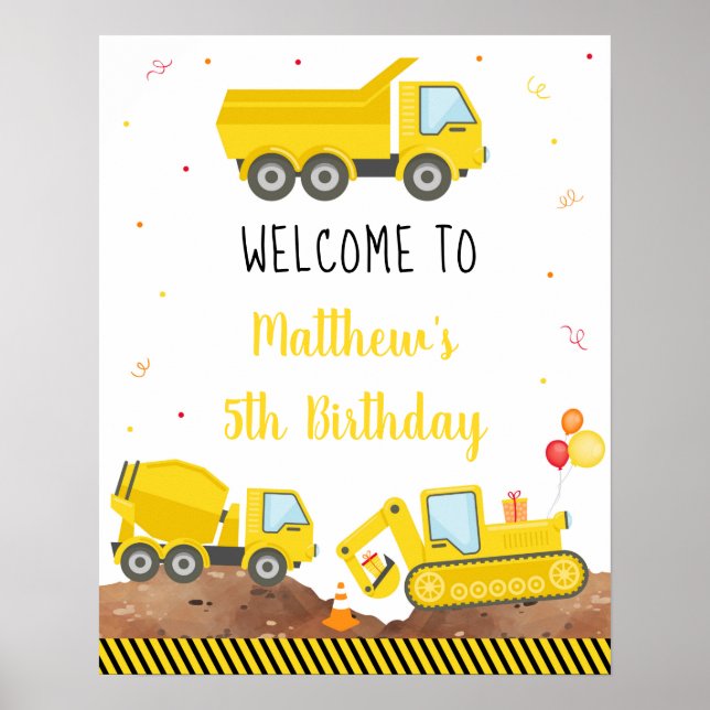 Construction Dump Truck Digger Birthday Welcome Poster (Front)