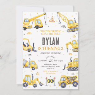 Construction Dump Truck Excavator Boy Birthday  Invitation