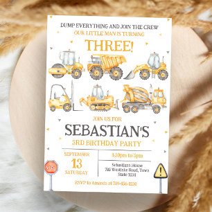 Construction Dump Truck Excavator Boy Birthday  Invitation