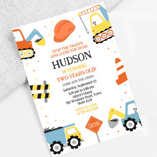 Construction Dump Truck Excavator Kids Birthday Invitation
