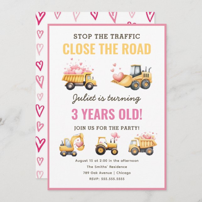 Construction Dump Truck Heart Birthday Invitation (Front/Back)